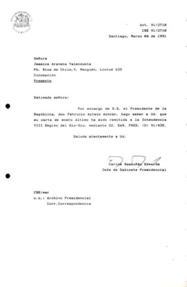 [Carta de respuesta por remisión de correspondencia enviada al Presidente, redirigiéndola a la Intendencia VIII Región del Bio-Bio ]