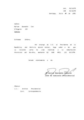 Carta remitida a la Gobernación Provincial del Bío-Bio, mediante Of. GAB. PRES. (O) 91/2370.