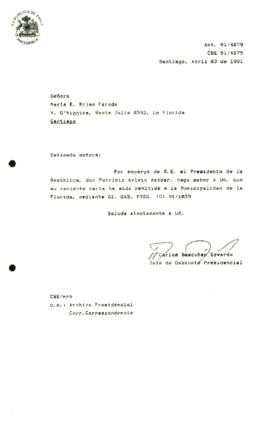 [Carta de respuesta por remisión de correspondencia enviada al Presidente, redirigiéndolaa la Municipalidad de la Florida ]