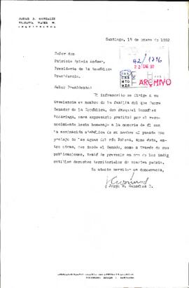 [Carta de agradecimiento dirigida al Presidente Patricio Aylwin, con motivo del homenaje realizado al ex Senador de la República, don Exequiel González Madariaga]