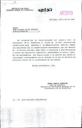 [Respuesta del Jefe de Gabinete del Ministerio Secretaría General de la Presidencia a solicitud de rehabilitación laboral]