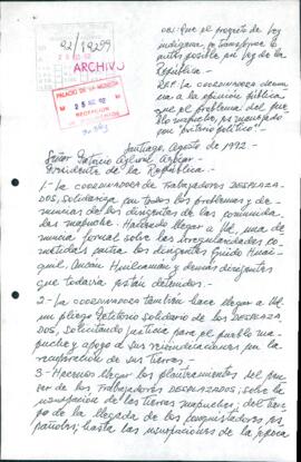 [Carta de la Coordinadora de Trabajadores Desplazados Las Acacias dirigida al Presidente Patricio Aylwin, referente a Proyecto de Ley Indígena]