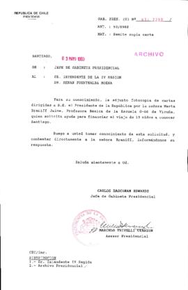 [Oficio Gab. Pres. Ord. N° 2299 de  Jefe de Gabinete Presidencial, remite copia de carta que se indica]