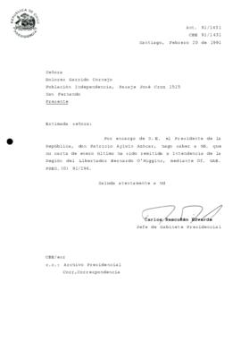 [Carta de respuesta del Jefe de Gabinete Presidencial sobre correspondencia remitida a la  Intendencia de la Región del Libertador Bernardo O'Higgins]