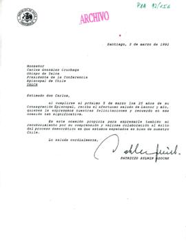 [Carta de Presidente Patricio Aylwin a Presidente de la Conferencia Episcopal de Chile, Carlos González Cruchaga]