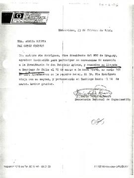 Carta de parte del Vice Presidente del Partido Demócrata Cristiano de Uruguay Dr. Américo Pla Rodríguez
