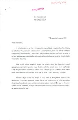 [Carta del Presidente de la República Checa dirigida al Presidente Patricio Aylwin, mediante la cual informa la candidatura del país al Consejo de Seguridad en las elecciones de Naciones Unidas]