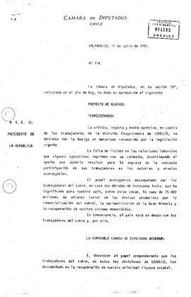 [Carta de la Camara de Diputados de Chile sobre Trabajadores del Cobre]