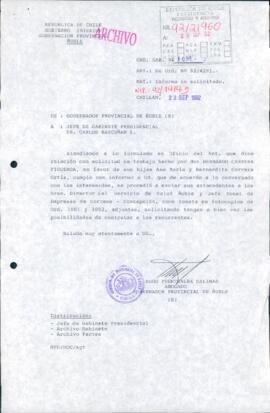 [Oficio del Gobernador Provincial de Ñuble dirigido al Jefe de Gabinete Presidencial, referente a solicitud de trabajo de particular]