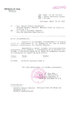 [Carta del Jefe de Gabinete de la Presidencia a Gerente General de EMOS]