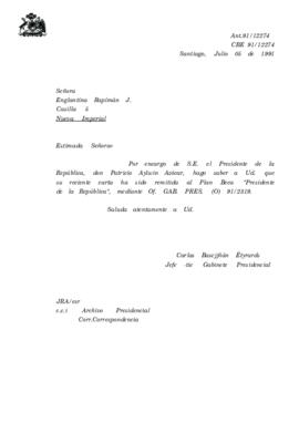 Carta remitida al Plan Beca "Presidente de la República", medíante Of. GAB. PRES. (O) 91/2319.