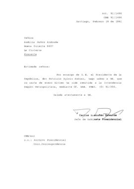 [Carta de respuesta del Jefe de Gabinete Presidencial sobre correspondencia remitida a la Intendencia Región Metropolitana]