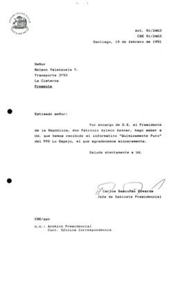 [Carta de respuesta  del Presidente, acusando recibo del Informativo "Químicamente Puro" enviado por el  PPD Lo Espejo]