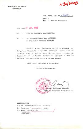 [Envío de fotocopia de carta viudas de fallecidos en la Planta Cardoen de Iquique].