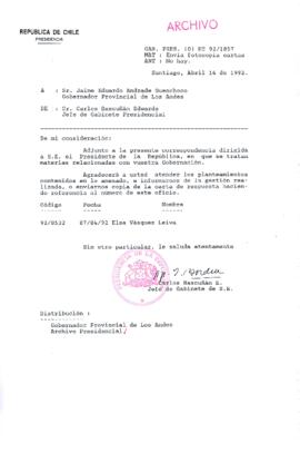 [Carta del Jefe de Gabinete de la Presidencia a Gobernador Provincial de Los Andes]