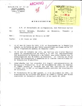 [Memorándum del Ministro de Economía, Fomento y Reconstrucción dirigido al Presidente Patricio Aylwin, referente a Incorporación de Chile a la Corporación Andina de Fomento]