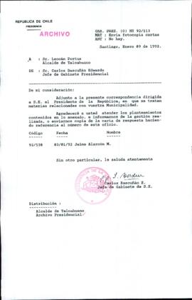 [Carta del Jefe de Gabinete de la Presidencia a Alcalde de Talcahuano]