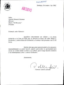 [Carta del Presidente Patricio Aylwin a Director de El Mercurio Agustín Edwards Eastman]