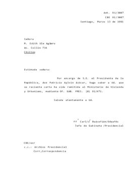 [Carta de respuesta por remisión de correspondencia enviada al Presidente, redirigiéndola al Ministerio de Vivienda y Urbanismo]