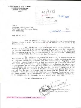 [Carta del Ministro de Agricultura respondiendo a solicitud de la Agrícola Los Halcones Ltda.]