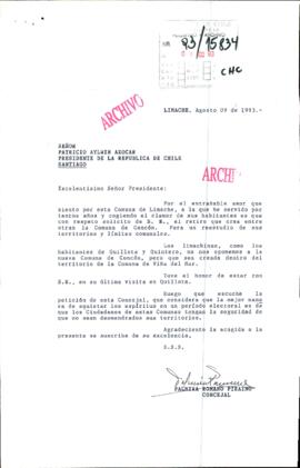 [Mensaje de Concejal I. Municipalidad de Limache dirigida al Presidente Patricio Aylwin}