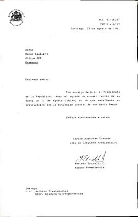 [Carta de respuesta enviada al Sr. Oscar Aguilera sobre situación laboral del Sr. Mario Baeza]