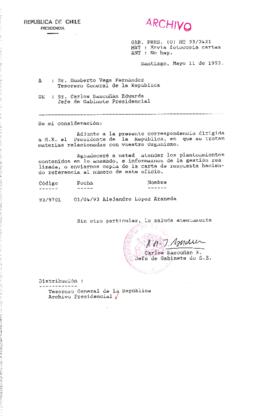 [Oficio  Gab. Pres. Ord. N° 2421 de Jefe de Gabinete Presidencial, remite copia de carta que se indica]