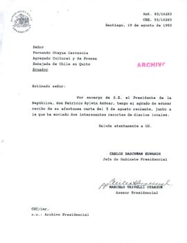 [Agradece carta recibida al Agregado Cultural y de Prensa Embajada de Chile en Quito]