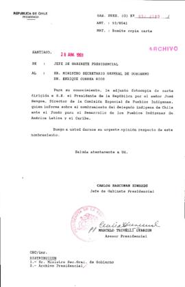[Oficio  Gab. Pres. Ord. N° 2180 de Jefe de Gabinete Presidencial, remite copia de carta que se indica]