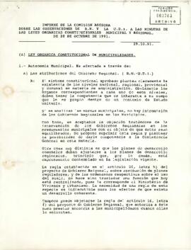 [Informe de la Comisión asesora sobre las observaciones de R.N. y la U.D.I.  a las minutas de las Leyes Orgánicas Constitucionales, Municipal y Regional, de 28 de octubre de 1991]
