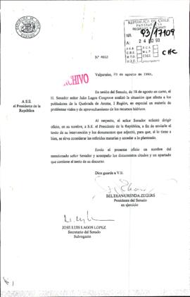 [Oficio N° 4912 de Senado, remite internveción de Senador y documentos en relación a pobladores de Quebrada de Aroma I Región]