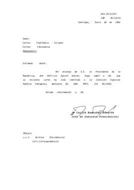 Carta remitida a la Comisión Especial Pueblos Indígenas, mediante Of. GAB. PRES. (O) 91/2269.