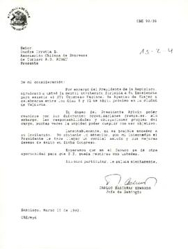 [Carta de rechazo a invitación dirigida al Presidente de La República  para asistir al XVI Congreso Nacional de Agentes de Viajes]