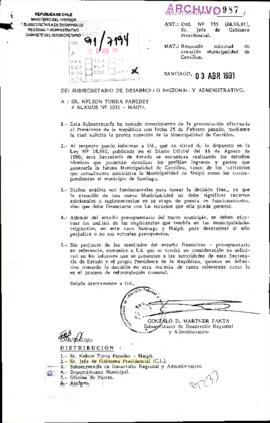 Carta en respuesta a solicitud de creación Municipalidad de Cerrillos