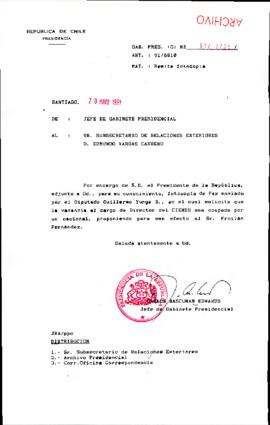 [Se remite fotocopia fax de Diputado Guillermo Yunge a Subsecretario de Relaciones Exteriores]