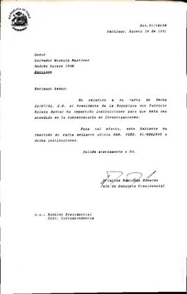 [Carta de respuesta dirigida al Sr. Salvador Moreira dando instrucciones para que esta sea atendida en Subsecretaría de Investigaciones]