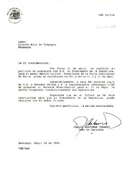[Carta de Suspensión de Audiencia con el  Presidente de U.A.P. International].