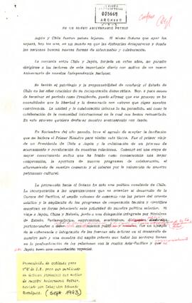 En Un Nuevo Aniversario [Proposición de artículo para ser publicado en diarios japoneses con motivo del aniversario de Chile]