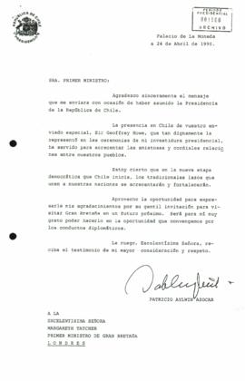 [Carta del Presidente Patricio Aylwin al Primer Ministro de Inglaterra, Margaret Thatcher]
