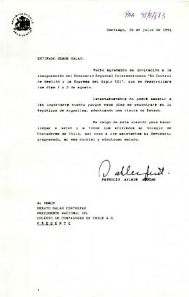 [Carta del Presidente Aylwin al Presidente Nacional del Colegio de Contadores de Chile, rechazando invitación a la inauguración del Seminario Regional Interamericano].