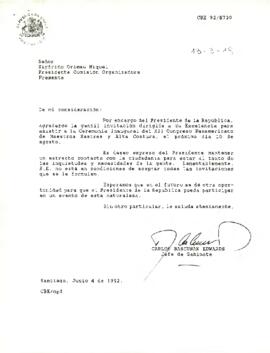 [Carta de rechazo de solicitud a invitación a la Ceremonia Inaugural del XII Congreso Panamericano de Maestros Sastres y Alta Costura]