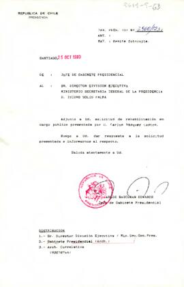 [Carta de Jefe de Gabinete a Sr. Isidro Solís sobre petición de rehabilitación en cargo público de Carlos Vásquez]