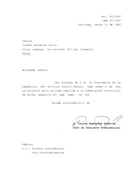 [Carta de respuesta del Jefe de Gabinete Presidencial sobre correspondencia remitida a la Gobernación Provincial de Talca]