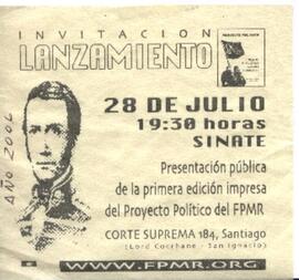 Invitación lanzamiento: Presentación pública de la primera edición impresa del Proyecto Político del FPMR