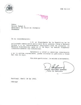 [Carta del Jefe de Gabinete de la Presidencia a Embajador de Chile en Jordania]