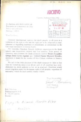 [Carta dirigida al Presidente Patricio Aylwin, referente a pena de muerte en Chile]
