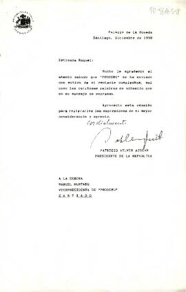 [Carta de Presidente Aylwin dirigida a Sra. Raquel Hurtado Vicepresidenta Prodemu en agradecimiento por saludo de cumpleaños]