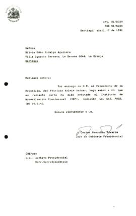 Carta remitida al Instituto de Normalización Previsionai (INP), mediante Of. GAB. PRES, (O) 91/1143.