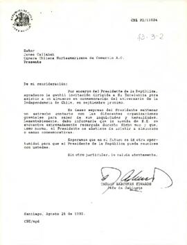 [Carta: agradecimiento y rechazo a invitación de Cámara Chilena Norteamericana de Comercio]