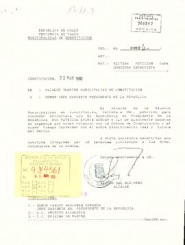 [Carta: petición audiencia a S . E El Presidente de la República,  de  Alcalde de la Ilustre  Mun...